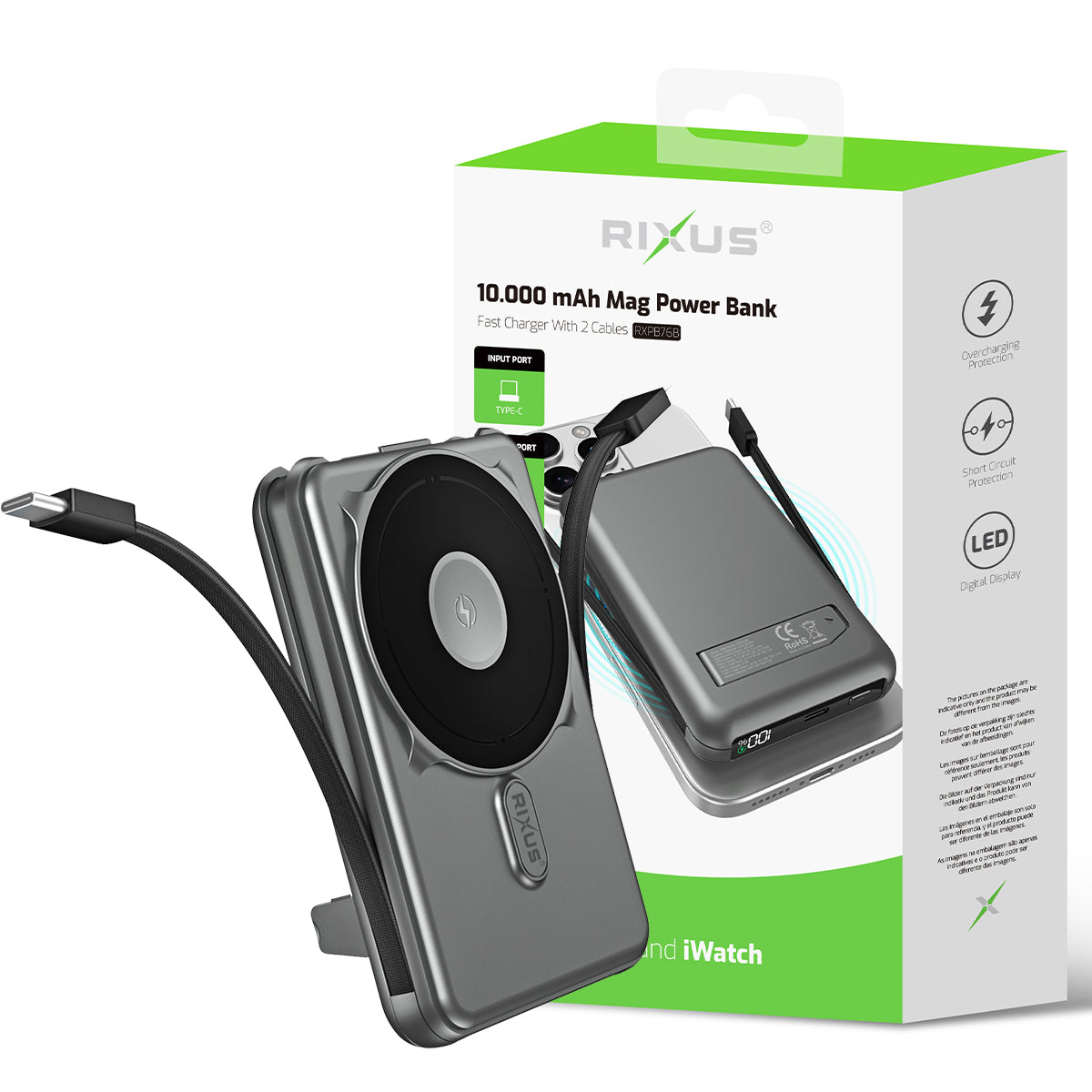 Rixus RXPB76B MagSafe kompatibel Powerbank 10000mAh mit Built-in Kabel Gray – Bild 5