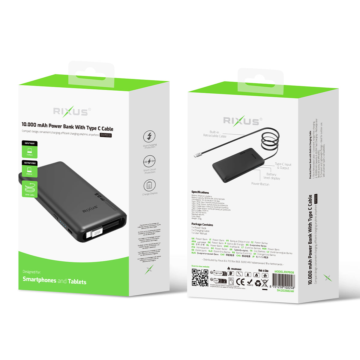 Rixus RXPB08 Powerbank mit Built-in USB-C Kabel 70cm 10000mAh 22.5W Black – Bild 5