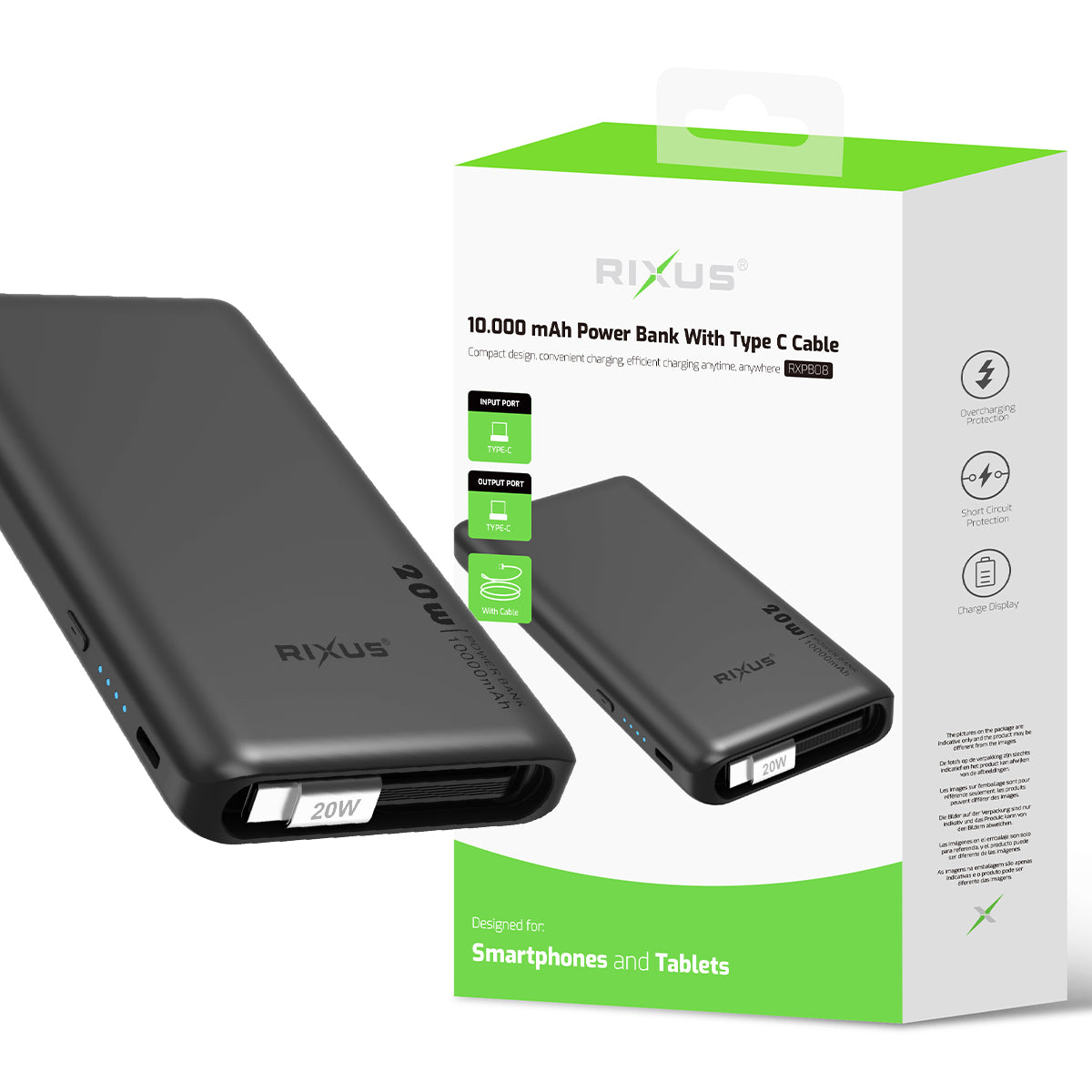 Rixus RXPB08 Powerbank mit Built-in USB-C Kabel 70cm 10000mAh 22.5W Black – Bild 6