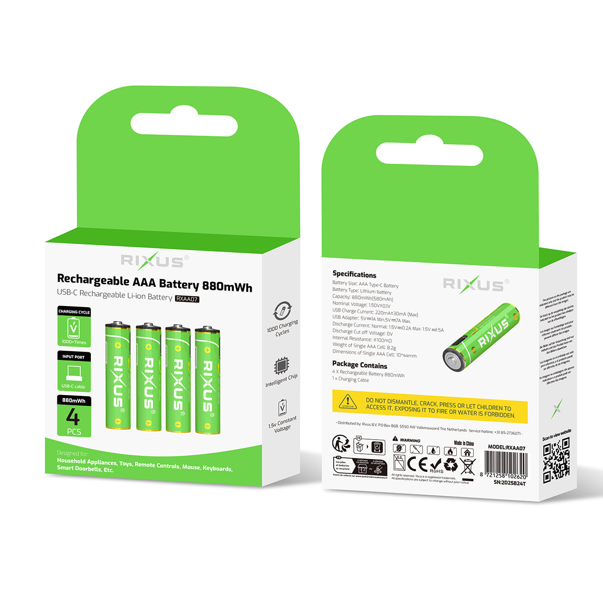 Rixus RXAA07 Rechargeable AAA Akku 880mWh mit USB-C Kabel 4er-Pack – Bild 5