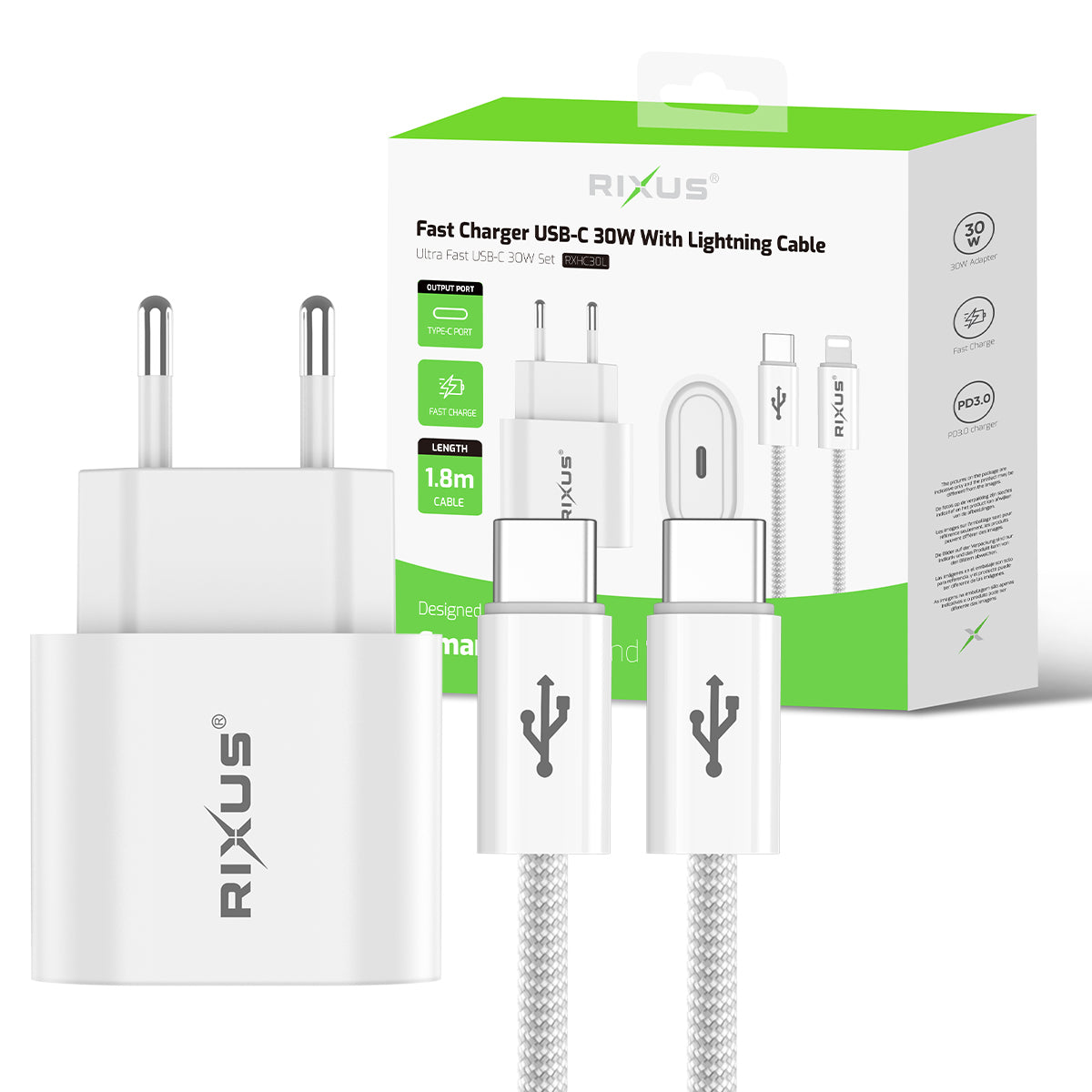Rixus RXHC30L Fast Charger USB-C To Lightning Anschluss Kabel 1.8m 30W White – Bild 5