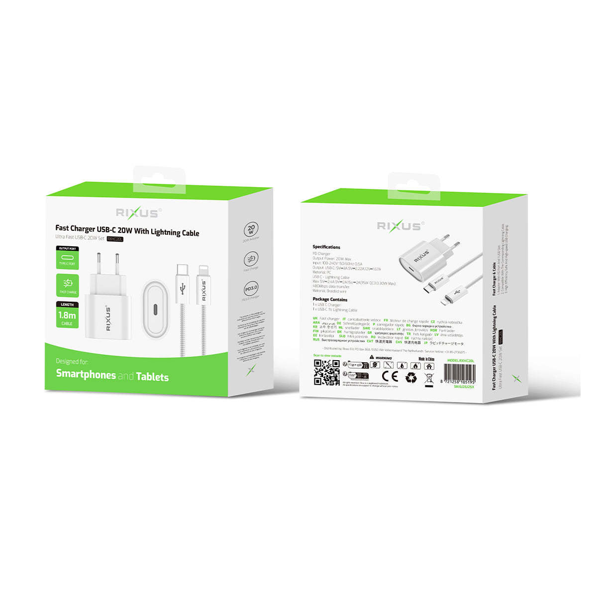 Rixus RXHC20L Fast Charger USB-C To Lightning Anschluss Kabel 1.8m 20W White – Bild 4