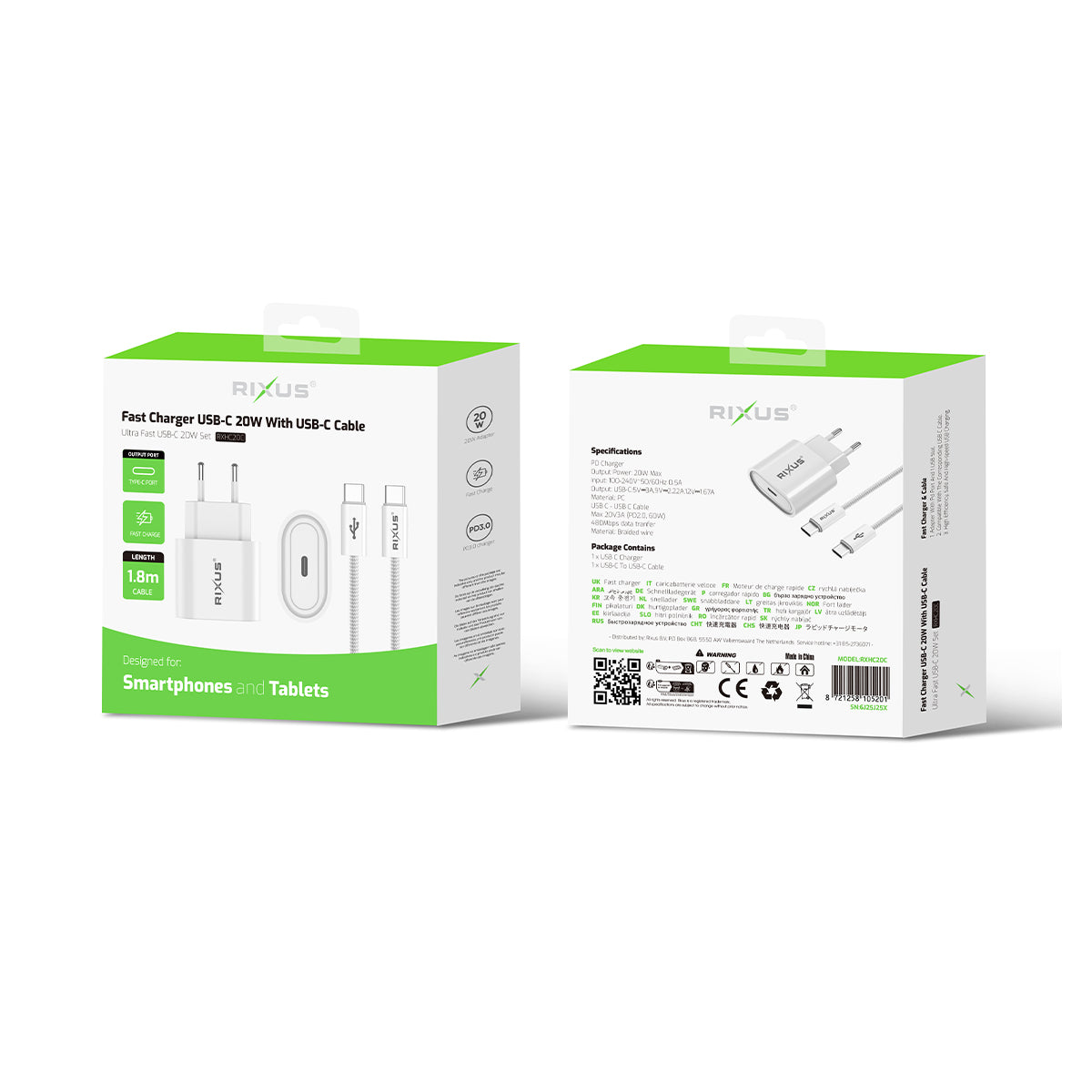 Rixus RXHC20C Fast Charger USB-C To USB-C Kabel 1.8m 20W White – Bild 4