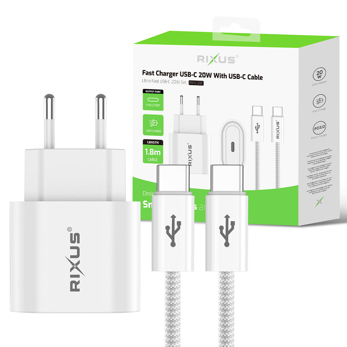 Rixus RXHC20C Fast Charger USB-C To USB-C Kabel 1.8m 20W White – Bild 5