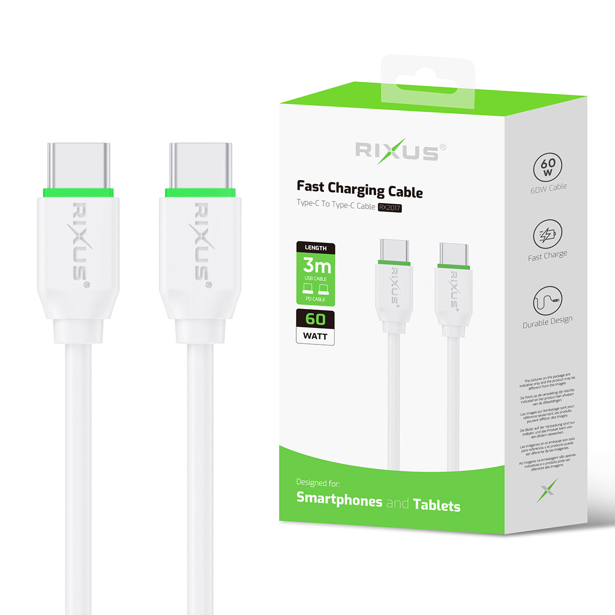 Rixus RX2017 Data Sync und Fast Charge Kabel USB-C To USB-C 3m – Bild 4