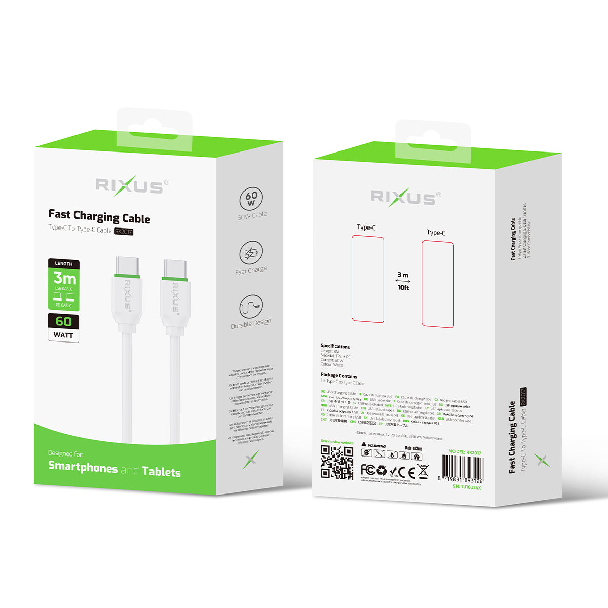 Rixus RX2017 Data Sync und Fast Charge Kabel USB-C To USB-C 3m – Bild 5