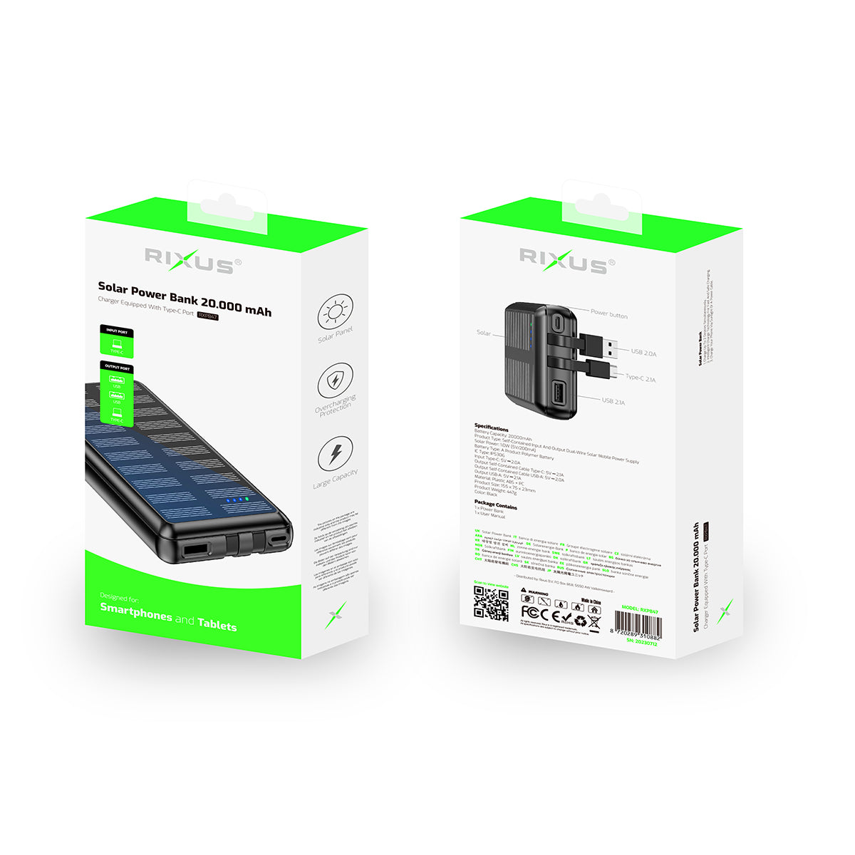 Rixus RXPB47 Solar Powerbank 20000 mAh mit Built-in Cables Black – Bild 4