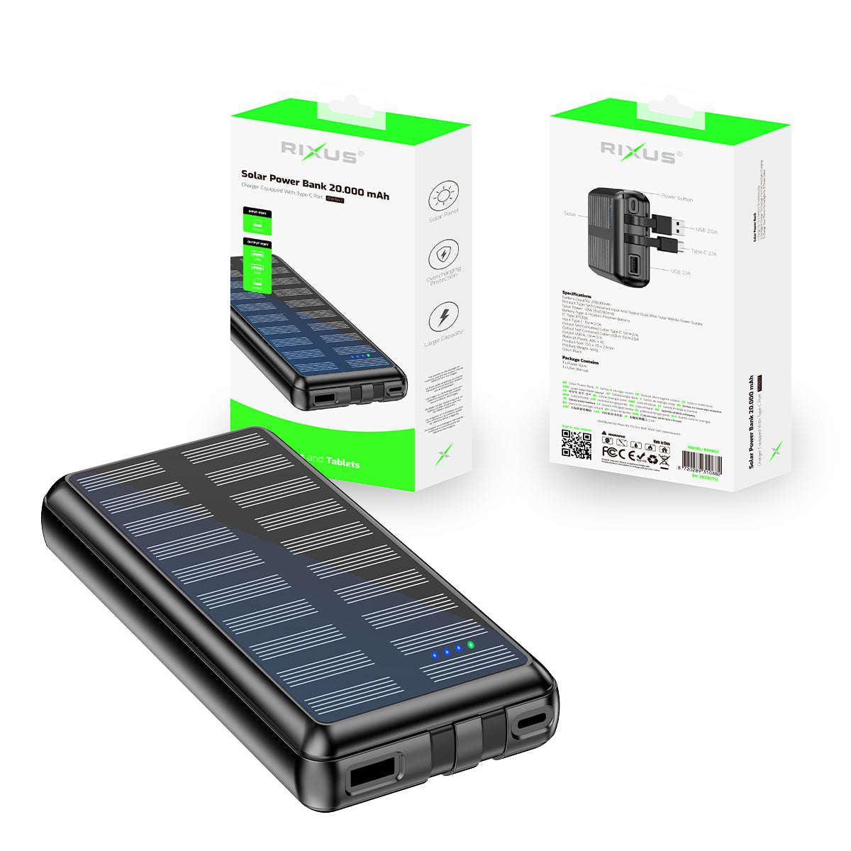 Rixus RXPB47 Solar Powerbank 20000 mAh mit Built-in Cables Black – Bild 5