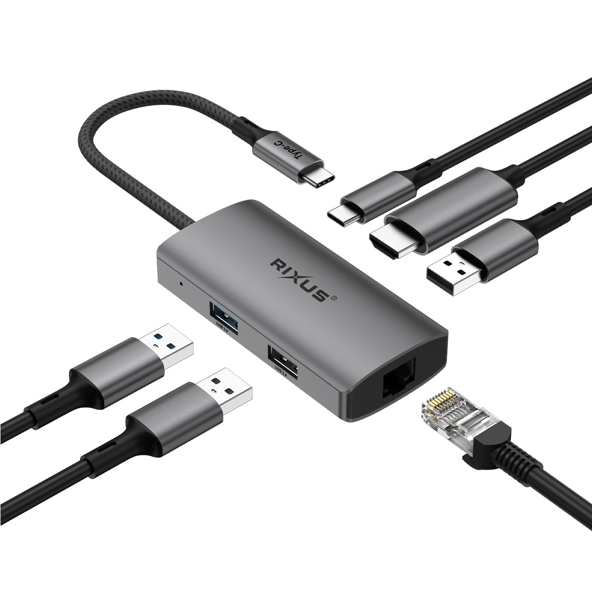 Rixus RXHU07 USB-C To Ethernet HDMI Adaptor mit Docking Station Grey