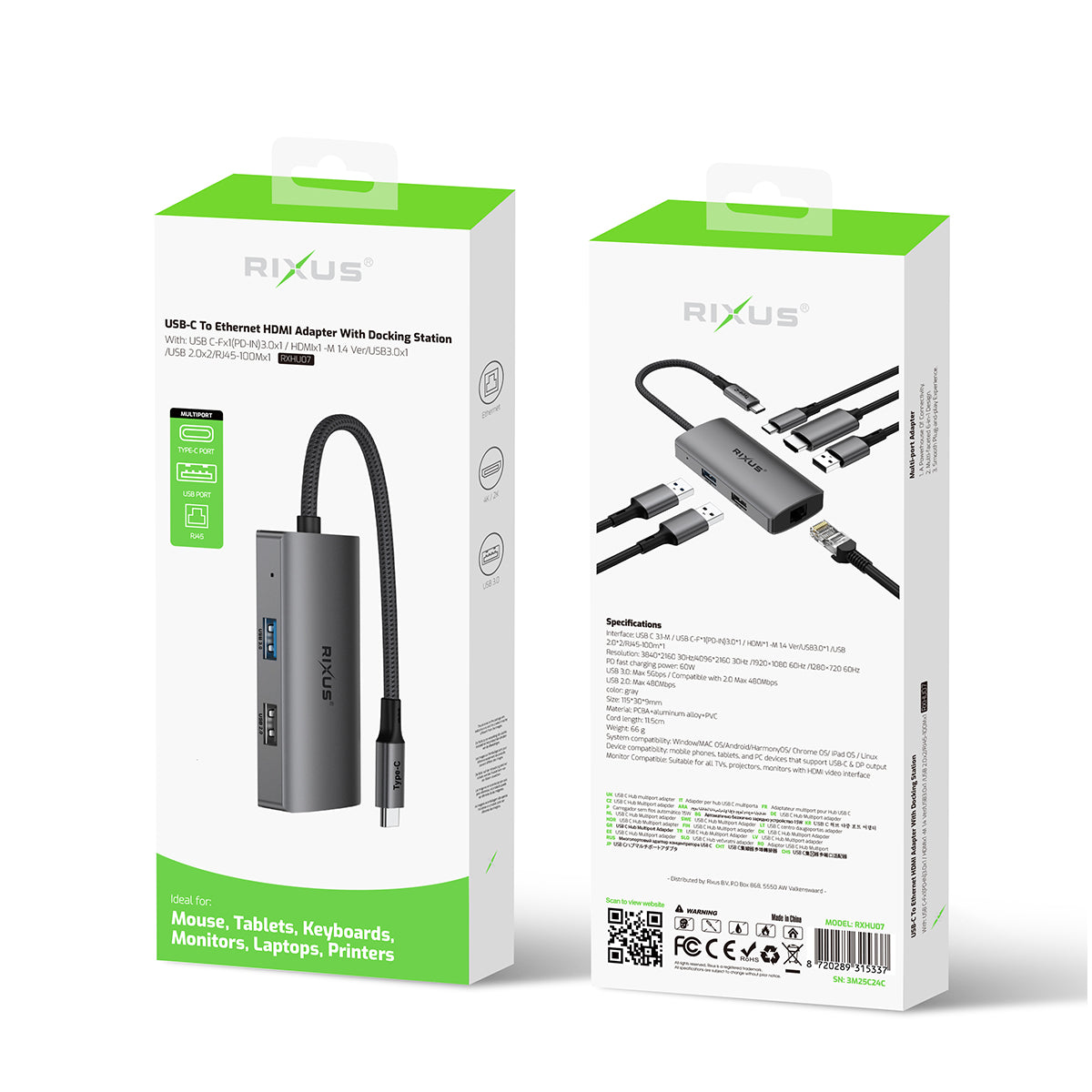 Rixus RXHU07 USB-C To Ethernet HDMI Adaptor mit Docking Station Grey – Bild 4