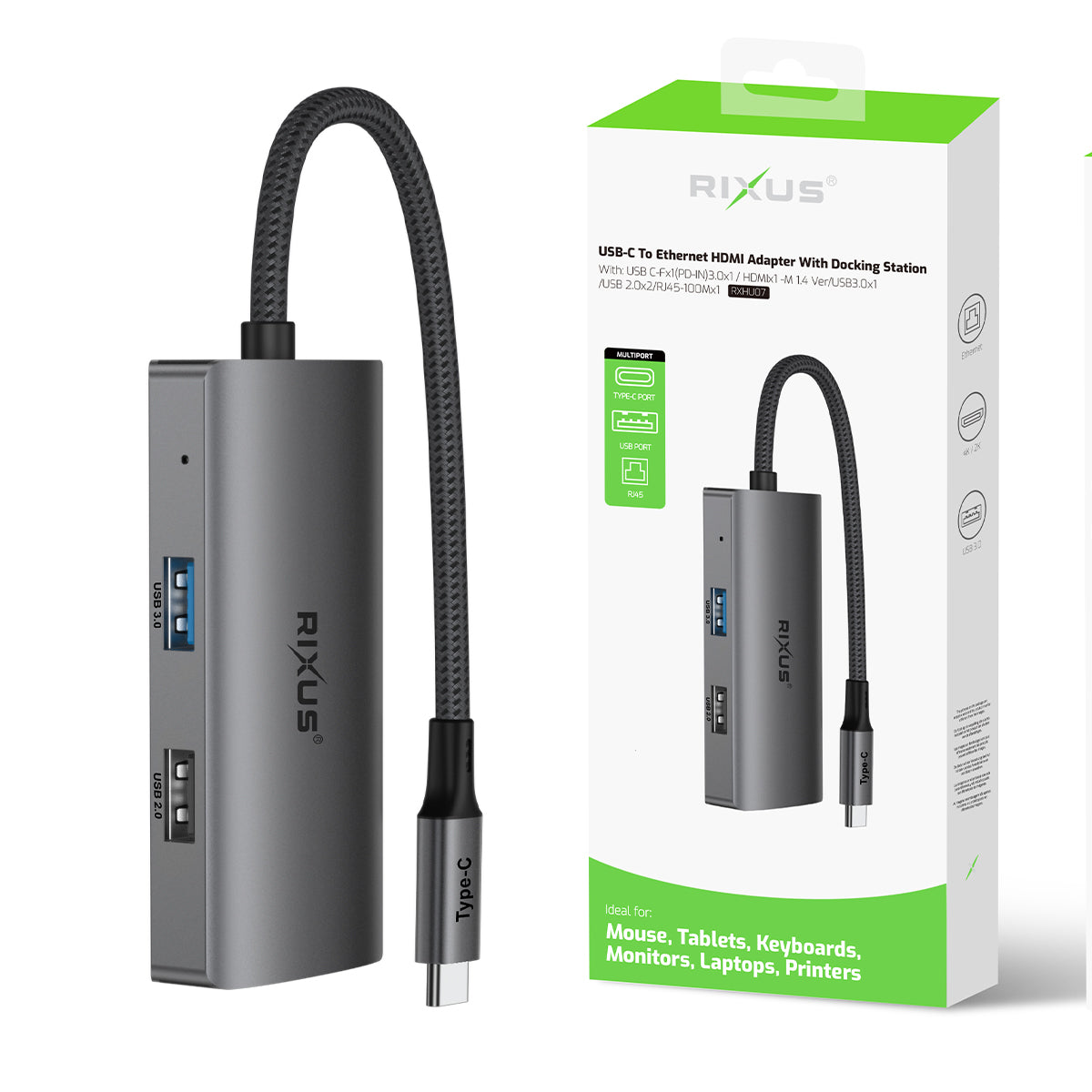 Rixus RXHU07 USB-C To Ethernet HDMI Adaptor mit Docking Station Grey – Bild 5