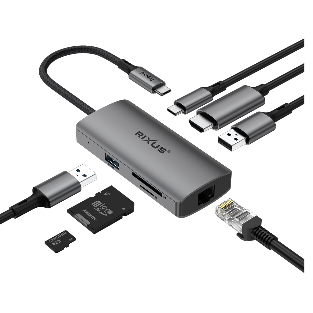 Rixus RXHU08 USB USB-C To Ethernet Adaptor mit Docking Station Grey
