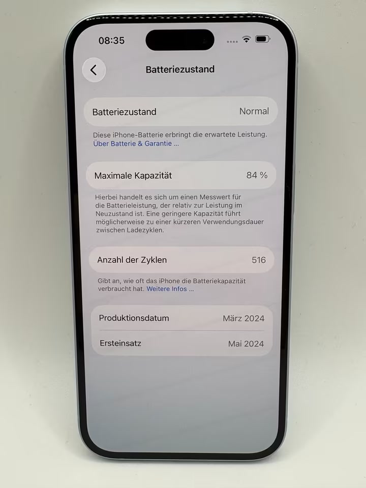 iPhone 15 Batteriezustand, 84 Prozent und 516 Zyklen