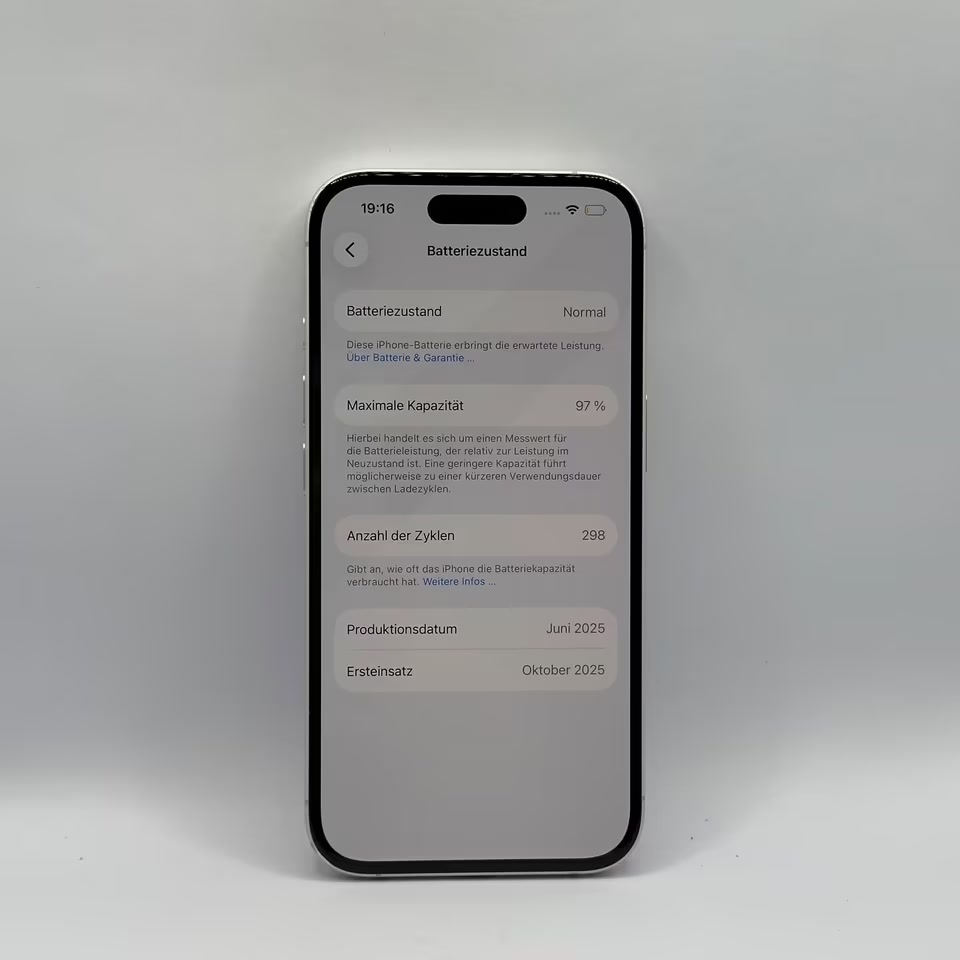 iPhone 16 Batteriezustand, 97 Prozent und 298 Zyklen
