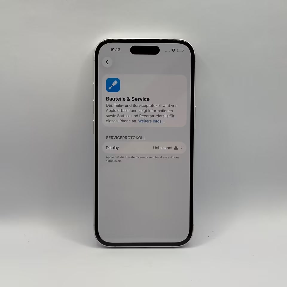 iPhone 16 Serviceprotokoll, ausgetauschtes Display als unbekannt markiert
